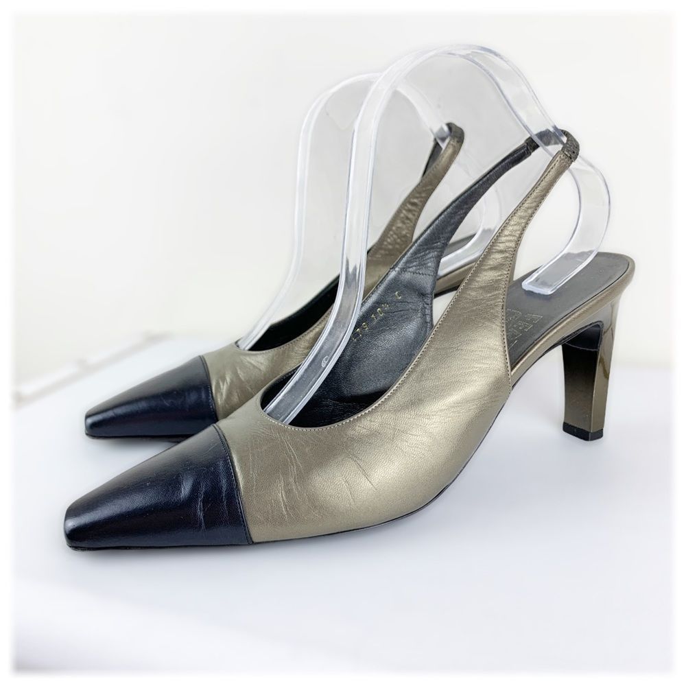 Salvador Ferragamo Gold/Blue Sling BACK Metallic Heel, 3 1/2” heel